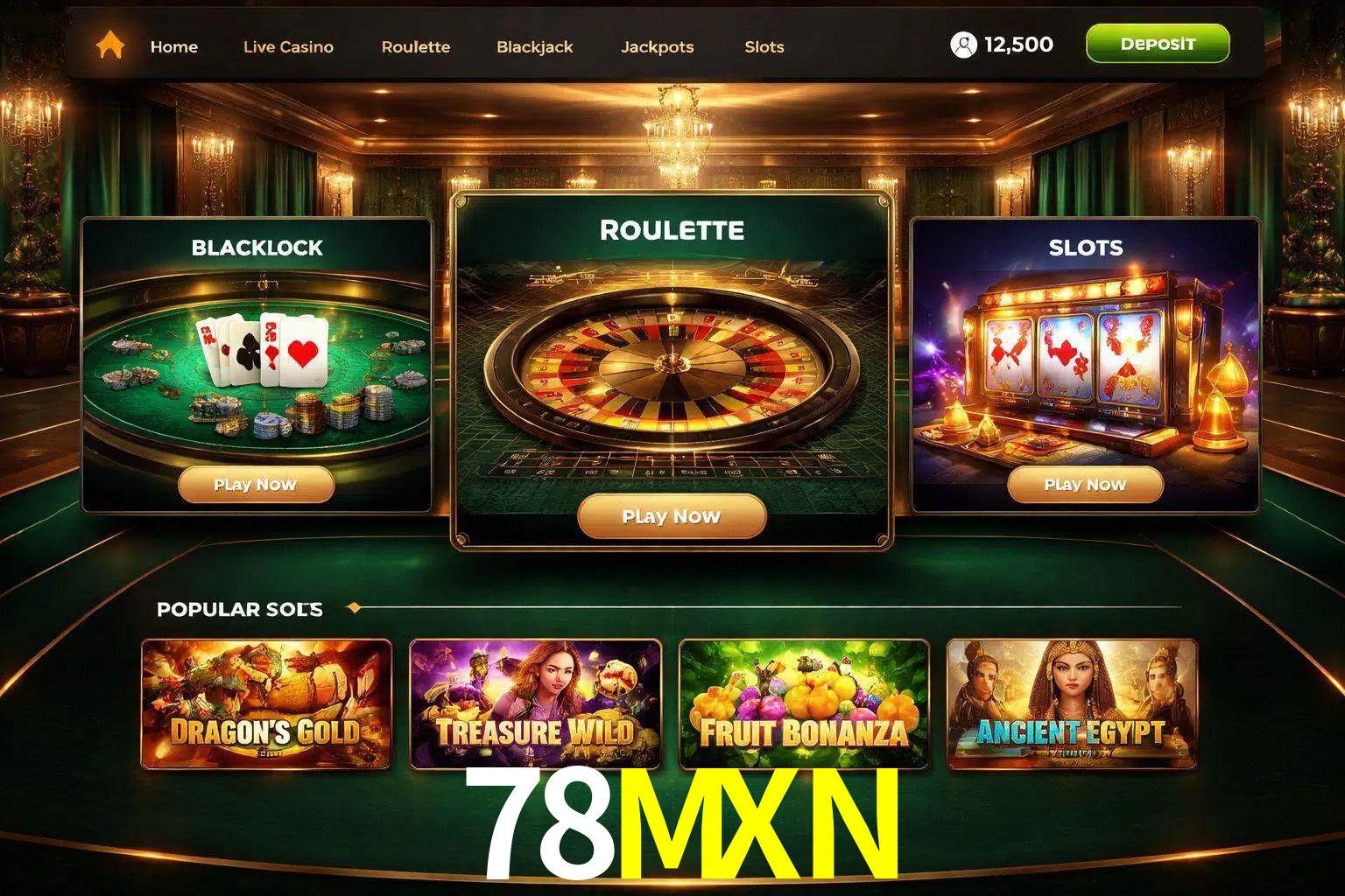 Vista de la plataforma 78MXN Casino mostrando categorías organizadas de juegos en línea